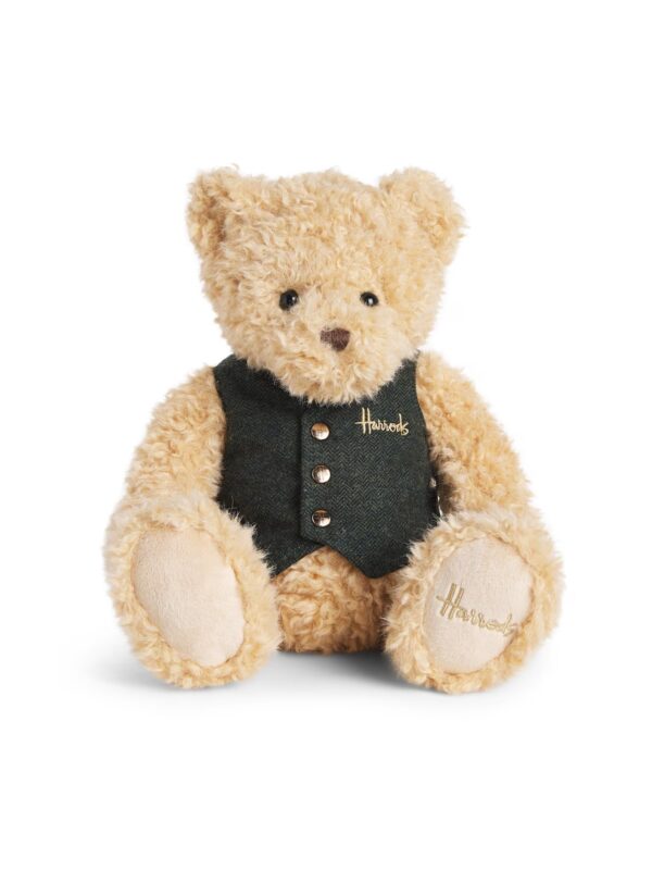 HDDB2610012-81-uni 英國 Harrods Leo 里歐棕褐色泰迪熊正面全身照,身著金釦西裝背心馬甲