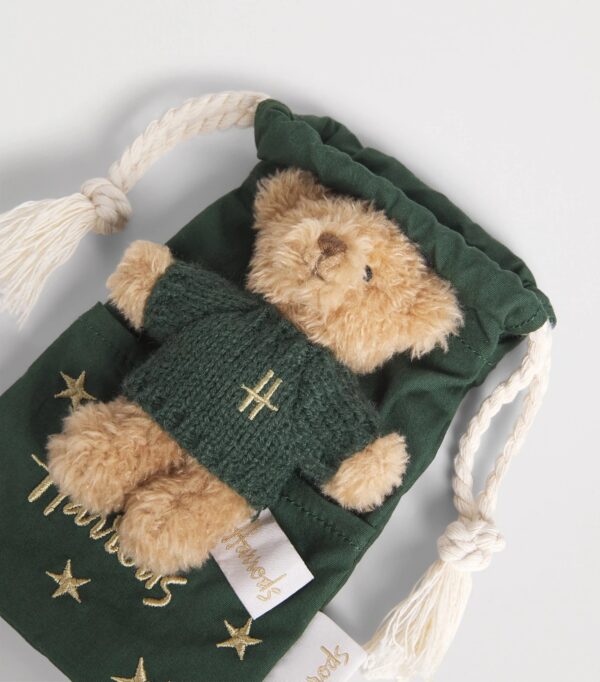HDDB2620008-55_2-1-mc Harrods Bear in a Pouch 泰迪熊置於星星圖案小袋旁側面細節,展示針織毛衣與絨毛質感