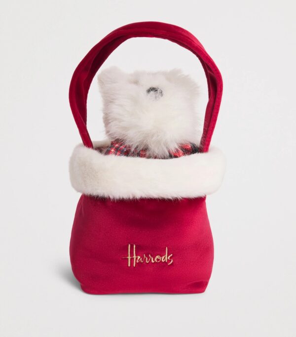 HDDB2620015-14_2-mc Harrods Westie 玩偶側面特寫,展示格子蝴蝶結細節與蓬鬆白色毛茸質感