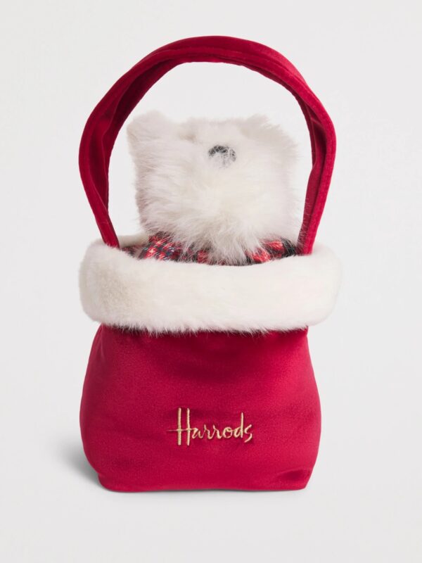 Harrods Westie 玩偶側面特寫,展示格子蝴蝶結細節與蓬鬆白色毛茸質感