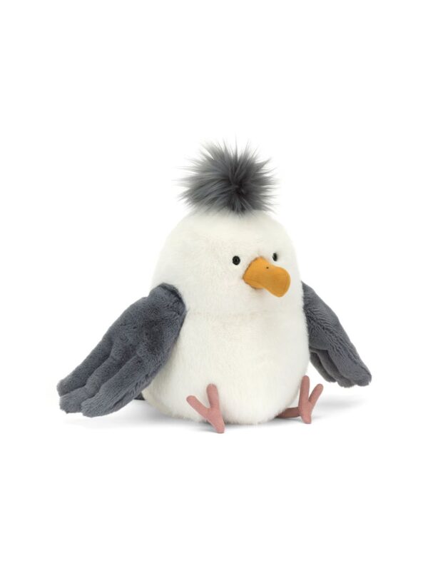 JCDB2530024-00-uni 英國 JELLYCAT Chip Seagull 白色海鷗絨毛娃娃正面,展示柔軟人造毛皮與精緻刺繡眼神,尺寸約 25cm