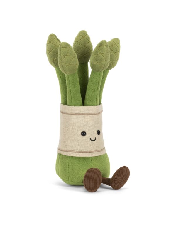 JELLYCAT 蘆筍娃娃側面細節,展示燈芯絨短腿質感與綠色絨毛層次