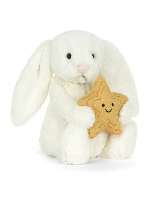 JELLYCAT Cream Bunny with Star 側面角度,展示垂軟耳朵與極致柔軟奶油白絨毛質感