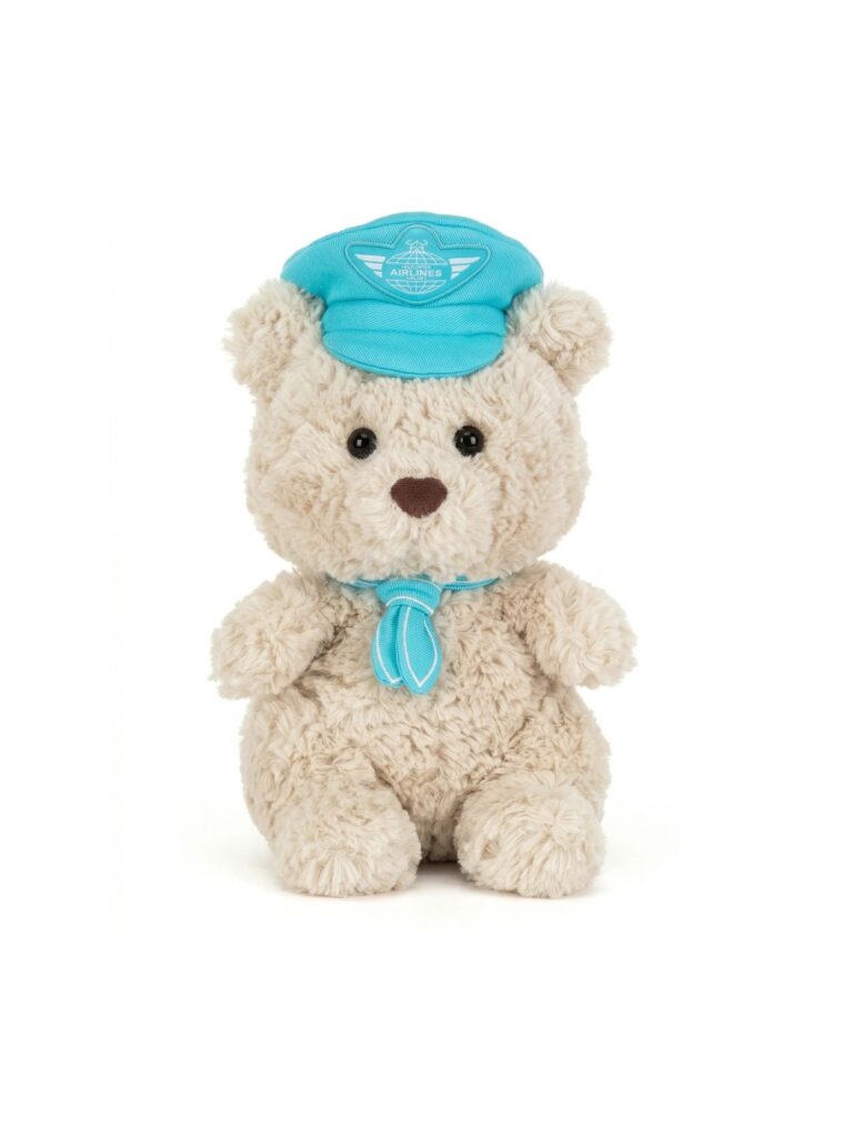 JELLYCAT Bartholomew Bear 初級飛行員小熊,米色絨毛坐姿,戴水藍色飛行員帽與同色領巾