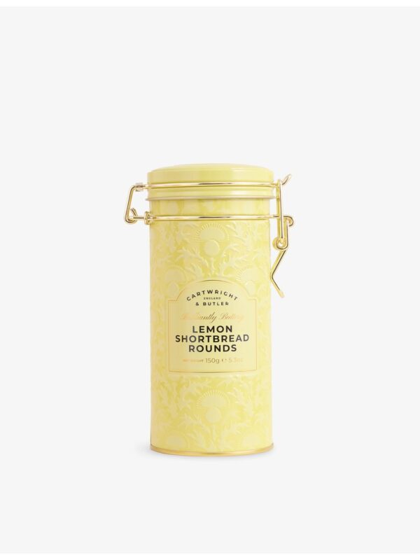 Lemon_Zest_Shortbread_Round_Tin_150g_4-mc CARTWRIGHT & BUTLER 酥餅鐵盒開蓋俯視,內層排列整齊的奶油酥餅餅乾