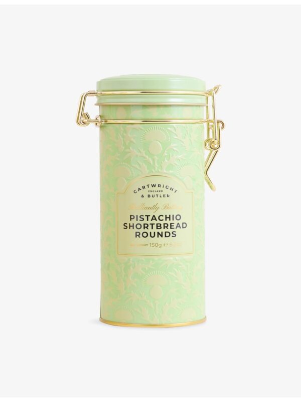Pistachio_Shortbread_Tin_150g_1-mc CARTWRIGHT & BUTLER 開心果奶油酥餅鐵盒側面與背面,展示成分與營養標示