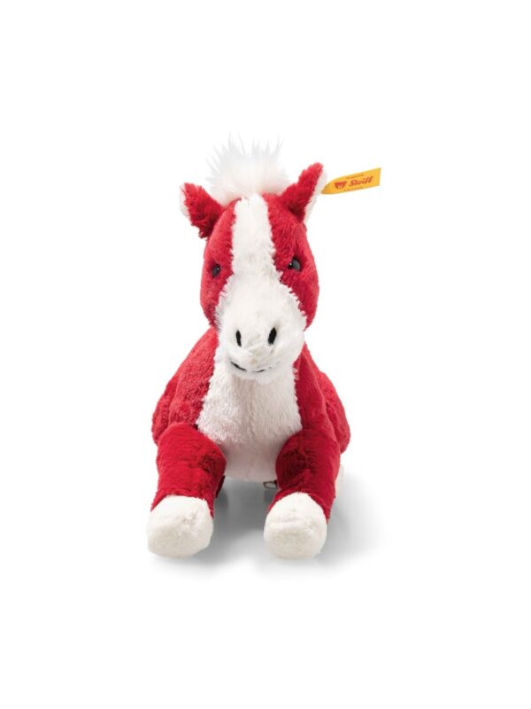 SFDB2540002-14-uni 德國 STEIFF 馬年紀念版紅色絨毛小馬玩偶正面,約 18cm,耳部配有標誌性不鏽鋼耳扣