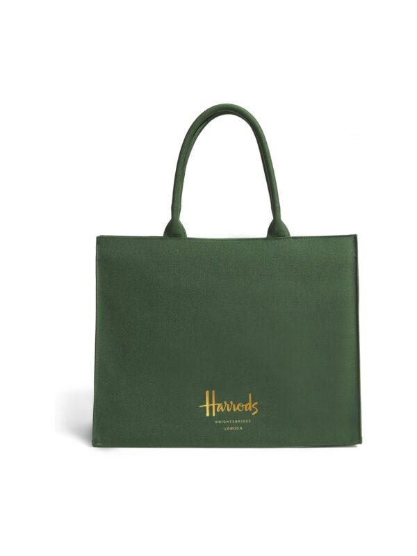 HDBB2432001-55_1-uni 英國 Harrods 經典綠大款棉布托特包正面,燙金品牌 Logo 清晰呈現