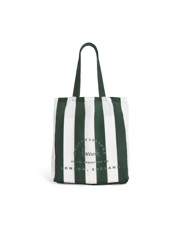 HDBD2532001-55_1-uni Harrods Logo Pocket Shopper Bag 正面全覽,經典綠色條紋搭配品牌標誌印刷