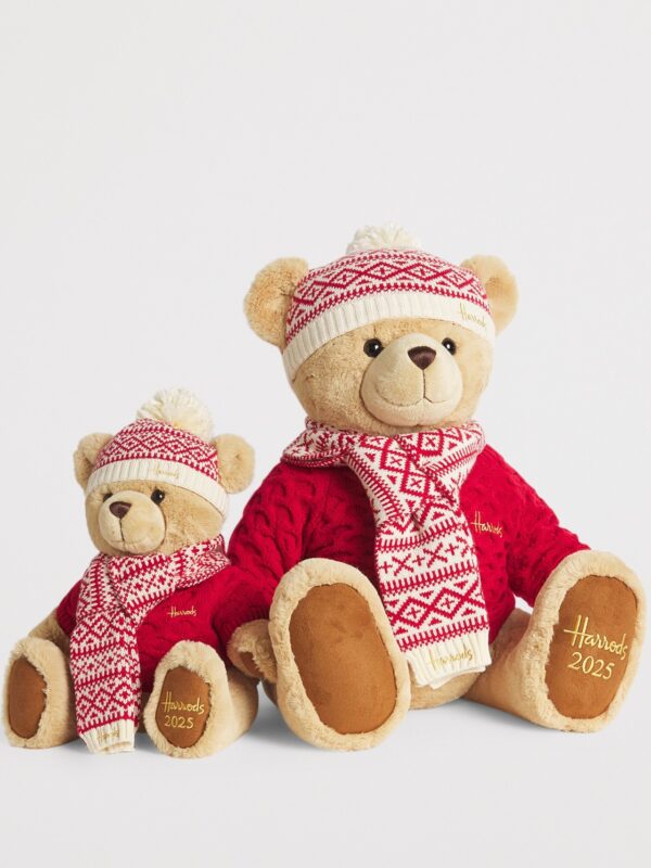 Harrods Alfie 熊細節特寫,爪上年份紀念刺繡與配套針織圍巾