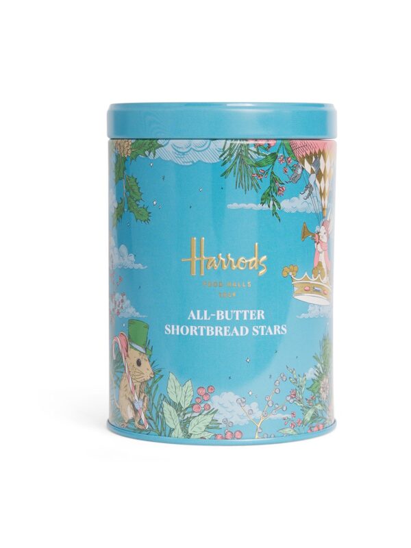 HDFB2630001-62_1-uni 英國 Harrods 迷你星形奶油酥餅禮盒鐵罐正面,淡藍色圓罐搭配 Harrods 品牌標誌