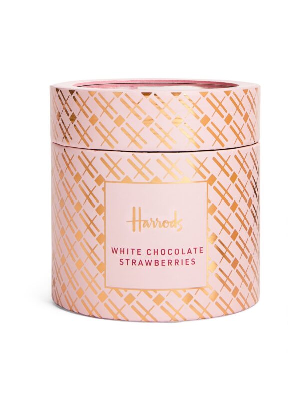 HDFC2420001-11_1-uni-1 英國 Harrods 白巧克力草莓球禮盒正面,粉嫩圓球整齊排列於精緻包裝盒中