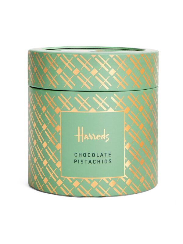 HDFC2420005-43_1-uni-1 Harrods 開心果白巧克力球禮盒正面,粉綠色外觀搭配品牌金色標誌,325g 盒裝