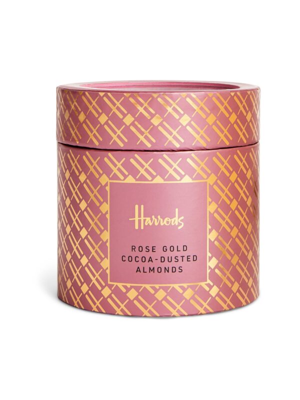 HDFC2420006-14_1-uni-1 英國 Harrods 玫瑰金可可粉裹層烤杏仁巧克力球 325g 精緻禮盒正面,呈現粉霧玫瑰金色澤
