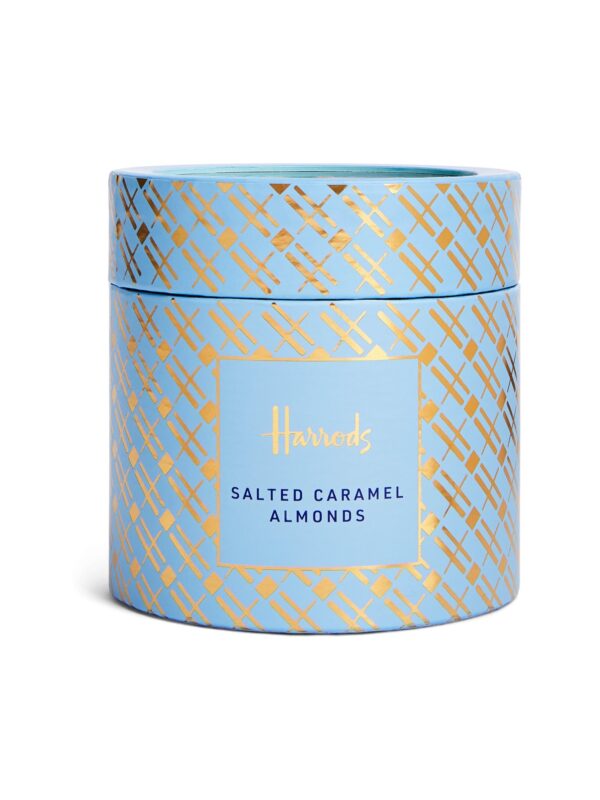 HDFC2420006-62_1-uni 英國 Harrods 鹹焦糖杏仁巧克力球 325g 粉藍色精美禮盒正面,展示品牌標誌與包裝設計