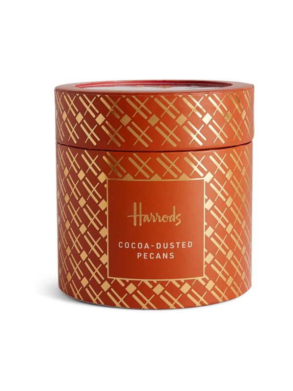 HDFC2420009-86_1-uni 英國 Harrods 可可粉裹層牛奶巧克力烤核桃 270g 精緻禮盒正面,深棕色包裝搭配品牌金字標誌