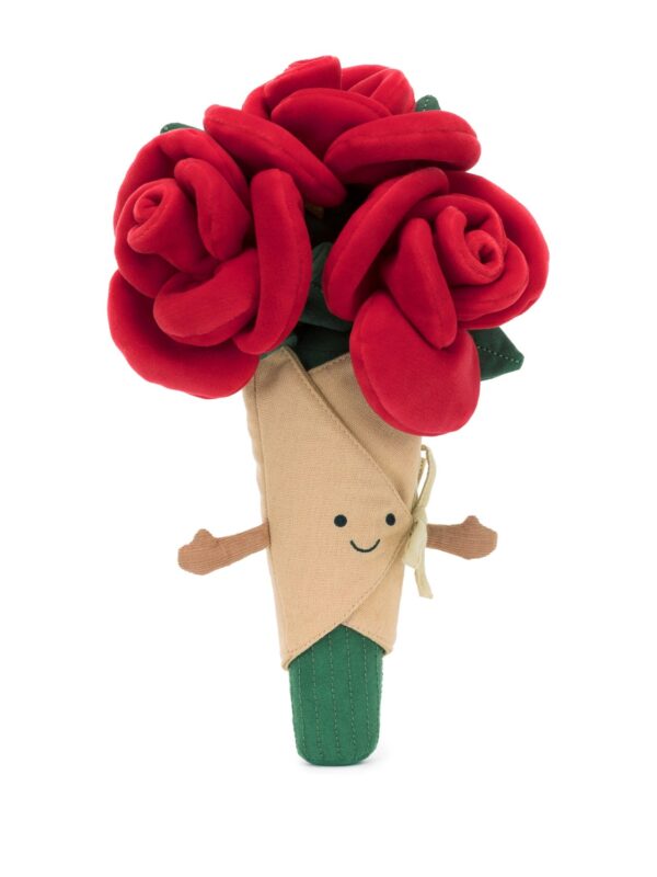 JELLYCAT 玫瑰花束娃娃近拍,展示亞麻布料質感與層疊花瓣細節