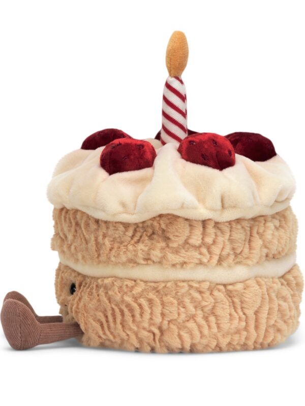 JELLYCAT 生日蛋糕玩偶側面角度,展示立體蛋糕層次與柔軟絨毛質感
