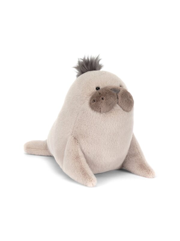 JCDB2630005-06_1-uni JELLYCAT Roarwell 海獅絨毛娃娃正面,展示米灰色絨毛與蓬鬆頭髮造型