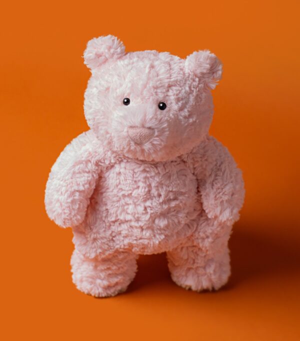JCDB2630007-12_8 JELLYCAT Leola Bear 商品標籤特寫,顯示品牌、型號 BARM2BPN 與安全認證資訊