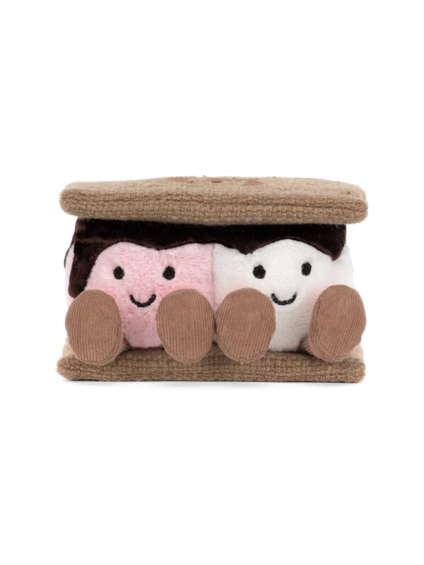 JCDB2630009-84_1-uni JELLYCAT Amuseables S'mores 棉花糖夾心餅乾絨毛玩具正面,展示圓潤造型與巧克力棕色外層