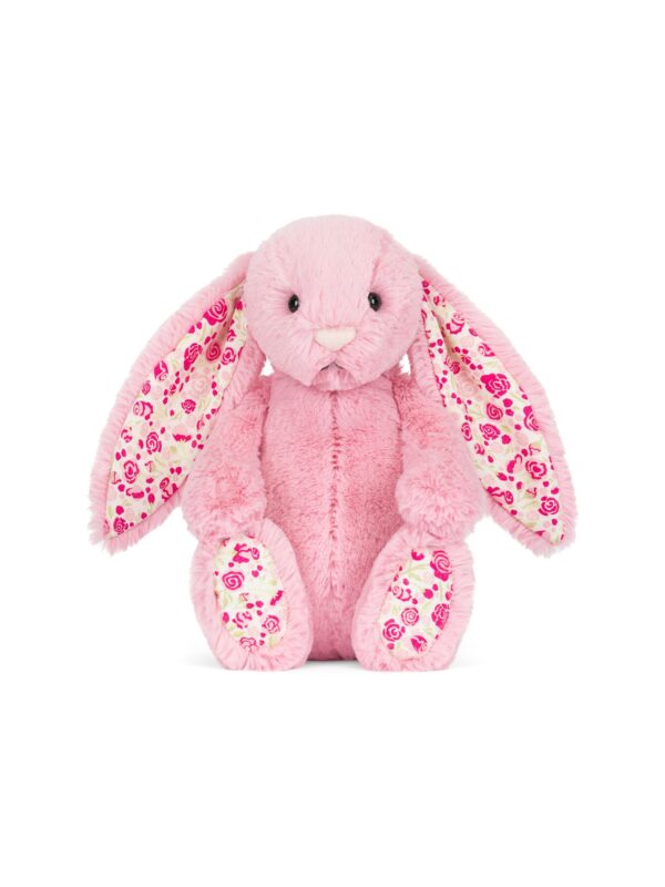 JCDB2630017-18_1-uni-1 英國 JELLYCAT Blushkin Blossom Luxe Bunny 粉紅花漾奢華兔子絨毛娃娃正面全身,展示花朵圖案長耳與柔軟粉嫩外型