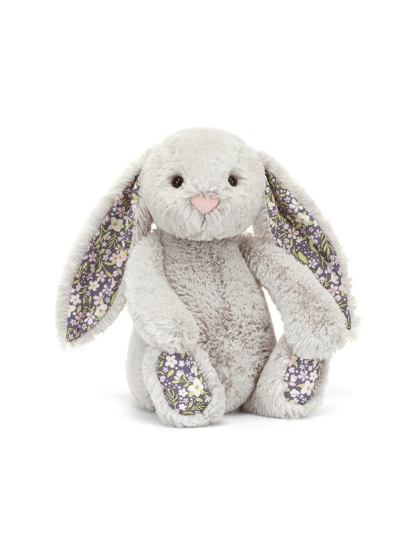 JCDB2630018-08_1-uni 英國 JELLYCAT Original Blossom Silver Bunny Bloom 灰銀花漾兔子絨毛娃娃正面,展示柔軟銀灰色絨毛與花朵裝飾耳朵