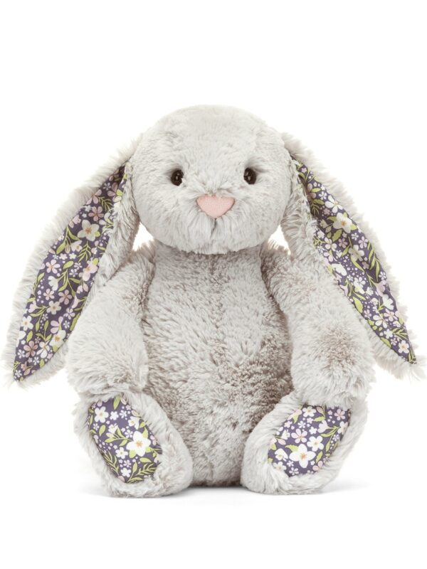 JELLYCAT 灰銀花漾兔子側面,顯示 31cm 完整身形比例與蓬鬆質感
