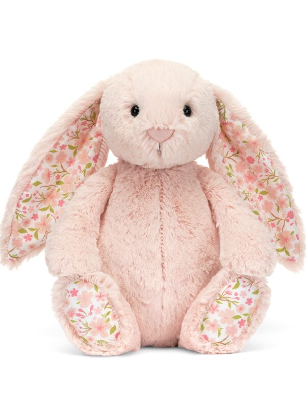JELLYCAT 花漾兔側面細節,展示柔軟粉嫩絨毛質感與蓬鬆耳朵造型
