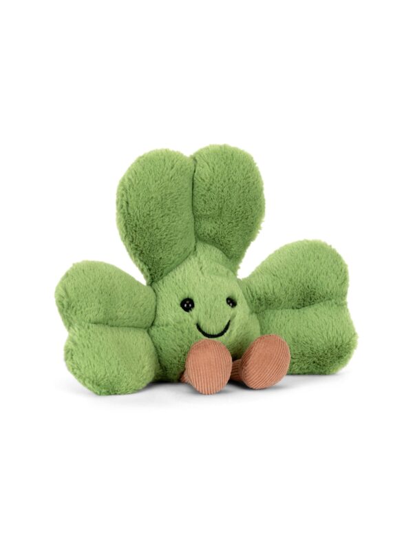 JCDB2630020-55_1-uni 英國 JELLYCAT Amuseables Siofra Shamrock 三葉草絨毛娃娃正面,翠綠柔軟絨毛搭配咧嘴笑臉