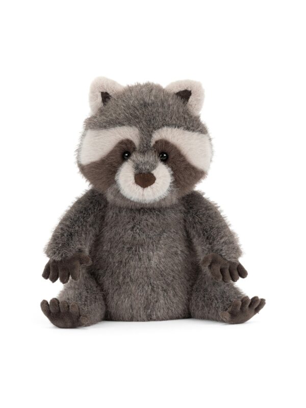 JCDB2630021-08_1-uni 英國 JELLYCAT Trixiwoo 灰色小浣熊絨毛娃娃正面,展示條紋仿毛皮面料與精緻臉部細節