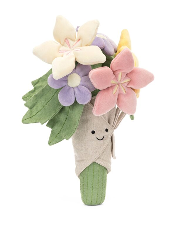 JELLYCAT 花束娃娃近拍笑臉刺繡細節,展現柔軟聚酯纖維花瓣質感