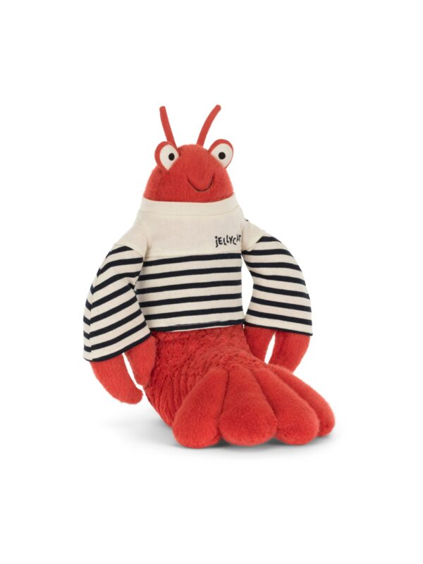 JCDB2630023-18_1-uni 英國 JELLYCAT Larry Lobster 紅色龍蝦絨毛娃娃正面,展示布列塔尼海軍條紋與大螯造型