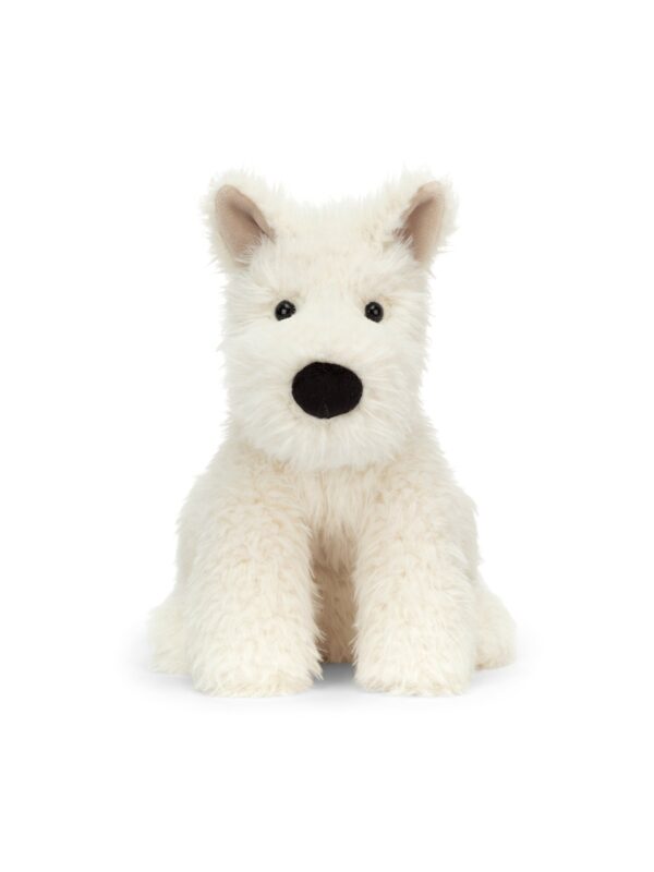 JCDB2630025-00_1-uni JELLYCAT Munro Scottie Dog 23cm 白色蘇格蘭梗犬絨毛娃娃正面,展示碩大絨面鼻子與蓬鬆雪白身軀