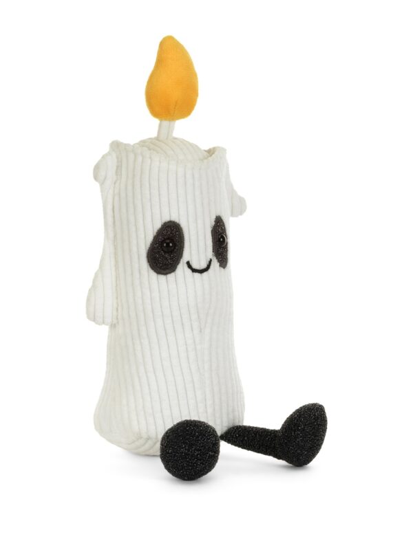 JELLYCAT 萬聖節限定蠟燭娃娃側面,展示融蠟低垂造型與絨毛材質質感