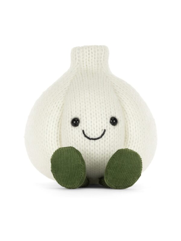 JCDB2630027-00_1-uni JELLYCAT Amuseables Garlic 大蒜絨毛玩偶正面,白色針織外層搭配燈芯絨靴子,笑容可掬