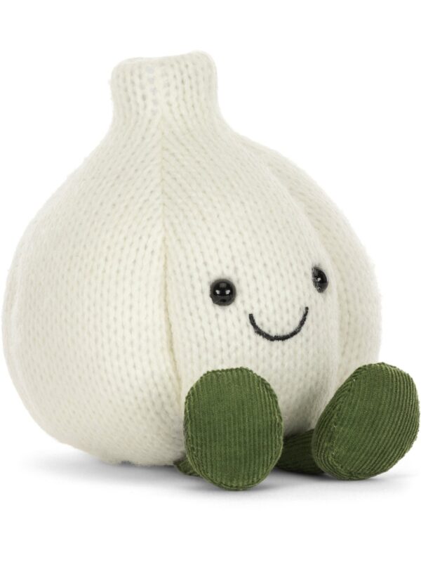 JELLYCAT 大蒜玩偶側面角度,展示圓潤蒜頭造型與縫線細節