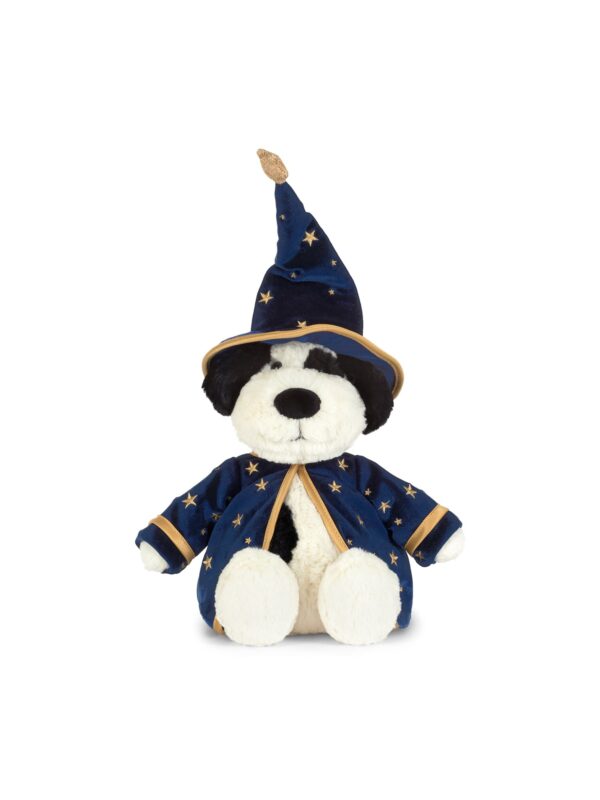 JCDB2630028-69_1-uni 英國 JELLYCAT Rufferty 小狗巫師藍色絨毛娃娃正面全身,身披天鵝絨斗篷與閃星巫師帽