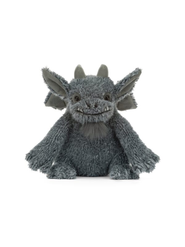 JCDB2630029-08_1-uni JELLYCAT Growlston Gargoyle 灰色石像鬼絨毛娃娃正面,展示縫線笑容與蓬鬆翅膀造型