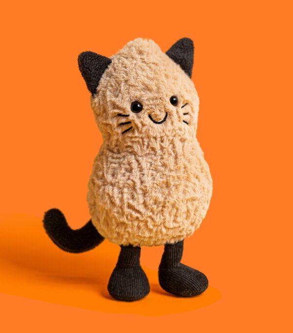 JCDB2630030-81_3 JELLYCAT Peanut Cat 娃娃特寫,展示柔軟蓬鬆棕色絨毛材質與手工縫製五官
