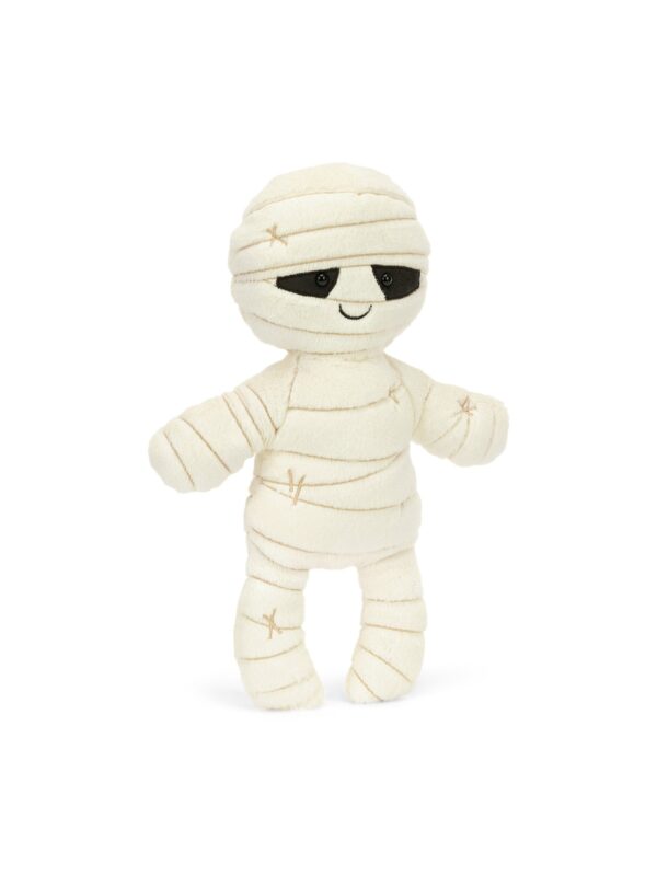 JCDB2630032-00_1-uni 英國 JELLYCAT Mummy Bob 木乃伊鮑伯絨毛娃娃正面,白色毛茸茸繃帶層層纏繞,閃亮雙眼若隱若現
