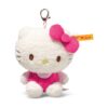 SFAK2630001-00_1-uni STEIFF x Hello Kitty 聯名白色絨毛包包吊飾正面全貌,展示不銹鋼耳釦與蝴蝶結細節