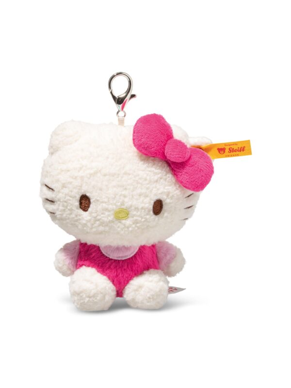 SFAK2630001-00_1-uni STEIFF x Hello Kitty 聯名白色絨毛包包吊飾正面全貌,展示不銹鋼耳釦與蝴蝶結細節