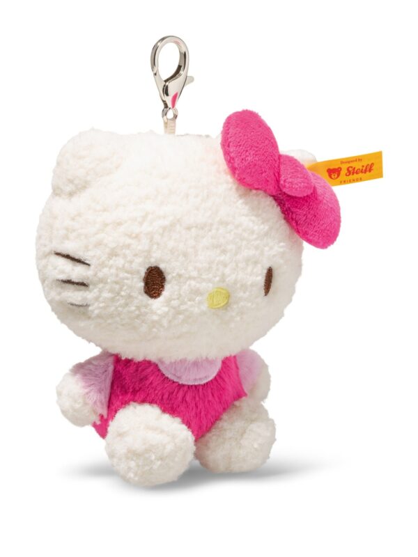STEIFF x Hello Kitty 吊飾側面角度,呈現 10cm 尺寸比例與柔軟毛絨質感