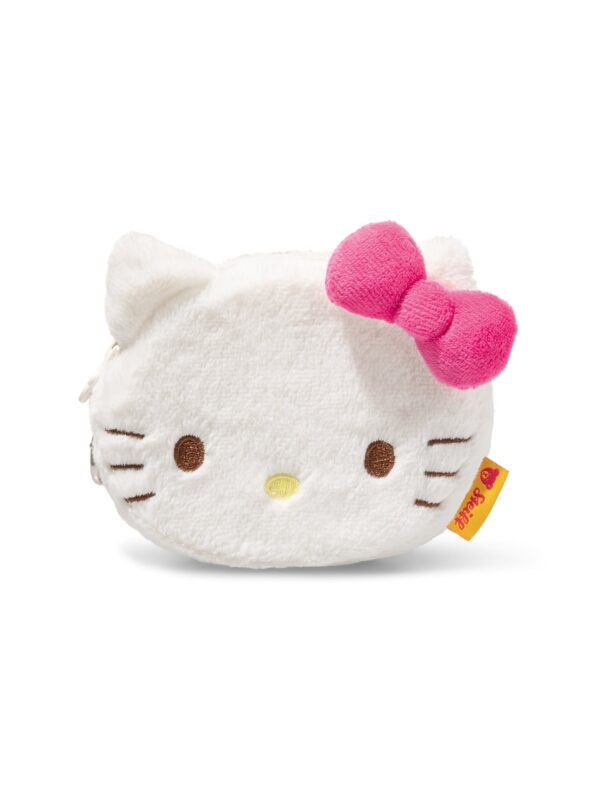 SFBE2630001-00_1-uni Steiff x Hello Kitty 限量聯名毛絨零錢包正面,雪白外層搭配標誌性粉色蝴蝶結與刺繡細節