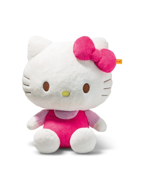 SFDB2630002-00_1-uni STEIFF x Hello Kitty 30cm 聯名絨毛娃娃正面全身,穿著粉紅蝴蝶結與玫瑰色服裝