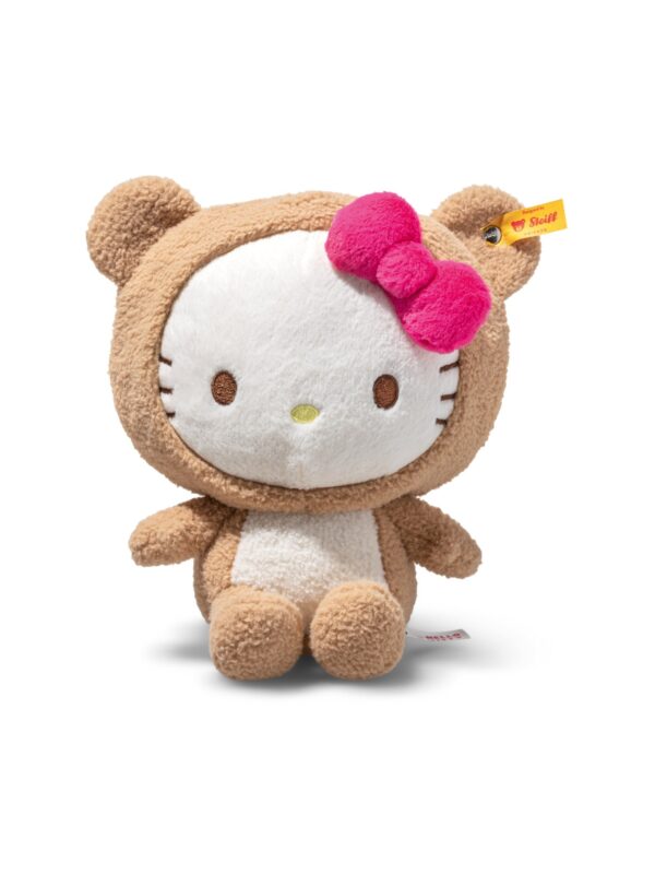 SFDB2630003-82_1-uni STEIFF × Hello Kitty 熊裝絨毛娃娃正面全景,展示棕色泰迪熊套裝與刺繡五官,20cm