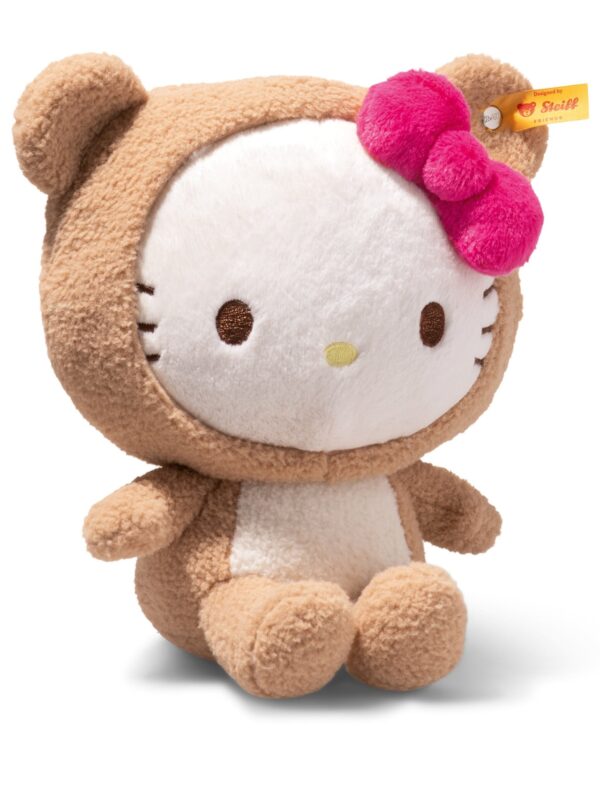 STEIFF Hello Kitty 娃娃側面角度,呈現圓潤造型與柔軟絨毛質感