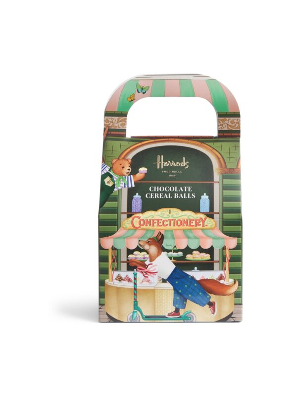 HDFC2630001-55_1-uni 英國 Harrods 哈羅德熊巧克力穀物球 200g 綠色禮盒正面,印有可愛哈羅德熊圖案