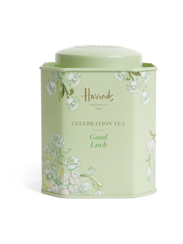 HDFT2630001-52_1-uni 英國 Harrods 好運慶典綠茶散裝茶葉禮罐正面,粉綠色金屬圓罐印有品牌標誌